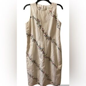 TALBOTS Linen Dress Cream floral embroidered sleeveless Sheath Sz 12‎ Petite